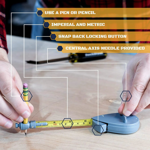 Hands using Rotating Tape Measure Circle Tool For Arcs And Circles Pencil Friendly Beam Compass Alternative on wood surface