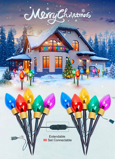 Two Pack Jumbo C9 Christmas Pathway Lights For Outdoor Decor, 17 Feet Total With Ten Multicolor LED Bulbs, Stakes Included