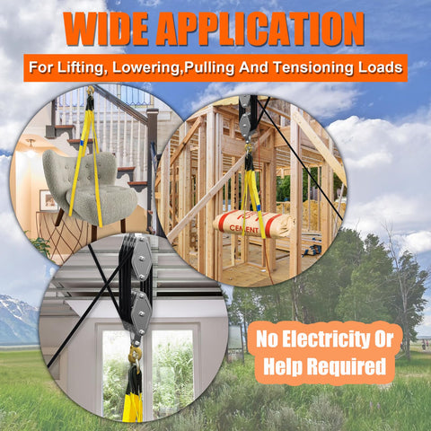 Upgraded Rope Hoist Pulley System 4400 Lbs Block And Tackle Kit with 304 Stainless Steel Shackle and two lift slings in use