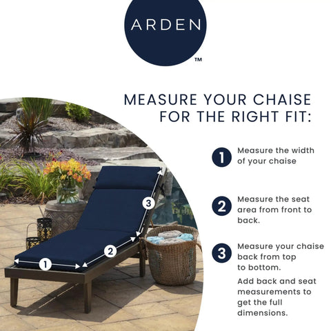 Simone Blue Tropical Outdoor Chaise Cushion 21 In W X 72 In L Weatherproof Rainproof Fade Resistant Patio Pad With 4 Ties Eco Friendly PFAS Free C0 Treatment Partially Recycled Polyester Fill Fits Most Chaise Loungers on wooden chaise, poolside with garden view.