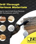 5 Piece Self Centering Countersink Drill Bit Set For Woodworking demonstrating drilling through materials like plywood and MDF