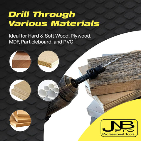 5 Piece Self Centering Countersink Drill Bit Set For Woodworking demonstrating drilling through materials like plywood and MDF