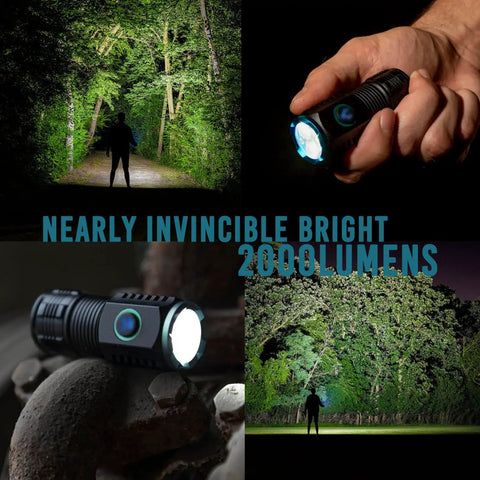 Rechargeable 2000 Lumen Aluminum Flashlight for Camping and Outdoors shining bright in forest, hand-held, compact, multiple modes.