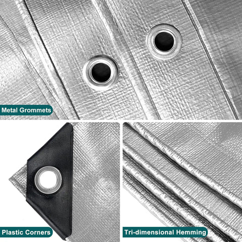 Heavy Duty Tough As Nails Waterproof Tarp 10x12 Ft with grommets, reinforced edges, and plastic corners detail view.