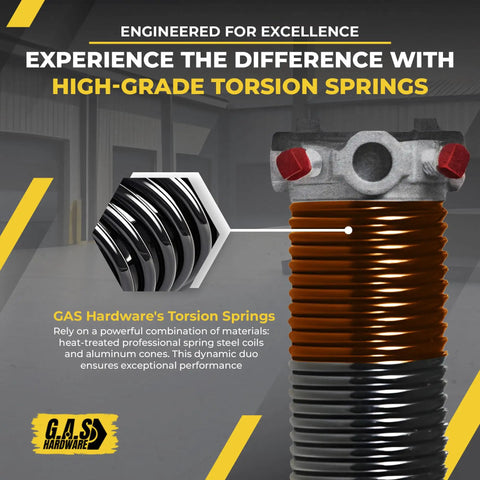 Close-up of right side garage door torsion spring 273x2x36 with black cone and Precision E Coating, showing spring coils.
