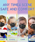 Children in various settings wearing Kids KN95 Face Masks 50 Pack For Kids, Five Ply Disposable Breathable Protective Masks in Black.