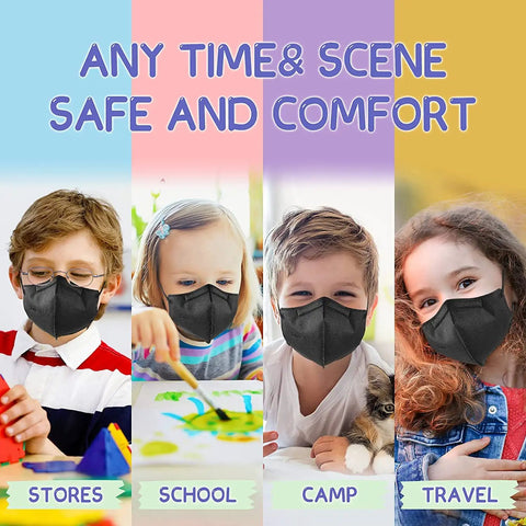 Children in various settings wearing Kids KN95 Face Masks 50 Pack For Kids, Five Ply Disposable Breathable Protective Masks in Black.