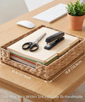 Water Hyacinth Letter Tray Desk Organizer, Rustic Wicker Mail Sorter with Sturdy Metal Frame on wooden desk, natural look