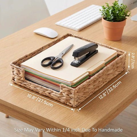 Water Hyacinth Letter Tray Desk Organizer, Rustic Wicker Mail Sorter with Sturdy Metal Frame on wooden desk, natural look