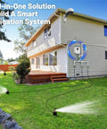 Outdoor garden with Smart Sprinkler Controller Pro Plug And Play 12 Zone Irrigation System installed, spraying water on lawn