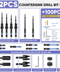 Heavy Lifting Countersink Drill Bit Set, Knockout 22 Pc Pro Grade Woodworking Kit with various drill bits and accessories.