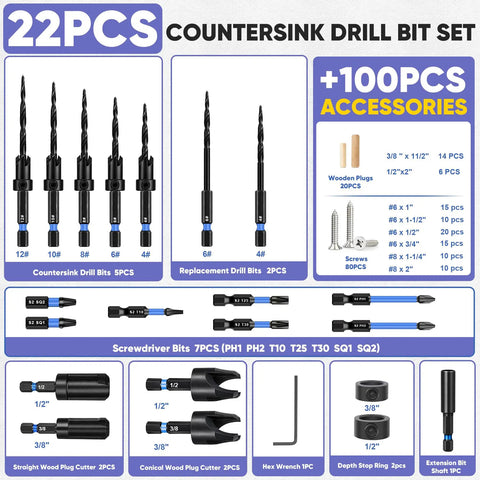 Heavy Lifting Countersink Drill Bit Set, Knockout 22 Pc Pro Grade Woodworking Kit with various drill bits and accessories.