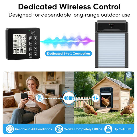 Remote display and solar powered roll-up chicken coop door with 400-foot wireless monitoring for backyard poultry care