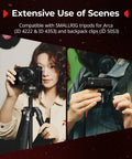 Person using X E5 L Shape Grip With Built In Arca Quick Release Plate For Fujifilm X E5 Camera on tripod, showing ergonomic handle.