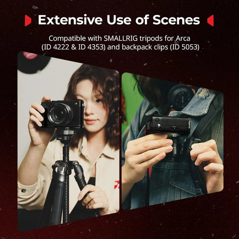 Person using X E5 L Shape Grip With Built In Arca Quick Release Plate For Fujifilm X E5 Camera on tripod, showing ergonomic handle.