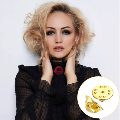 Gold Butterfly Clutch Pin Backs Replacement 10mm 50 Pack for Earrings and Jewelry Making next to woman wearing black top.