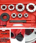 Heavy Duty Ratcheting Pipe Threader Kit Set With Seven Dies From Three Eighths To Two Inches in red case showing dies and handle.