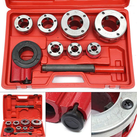Heavy Duty Ratcheting Pipe Threader Kit Set With Seven Dies From Three Eighths To Two Inches in red case showing dies and handle.