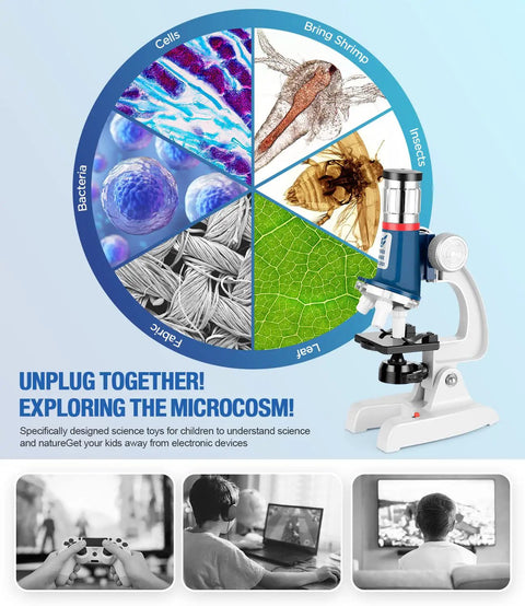 Hands On Kids Microscope Kit With 100X To 1200X Magnification Metal Body LED Light Carrying Case STEM Science Toy diagram