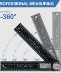 Pro Level Digital Angle Finder Protractor Yielding Dead On 360 Degree Measurements With Bright LCD Screen showing digital angle ruler with angles.