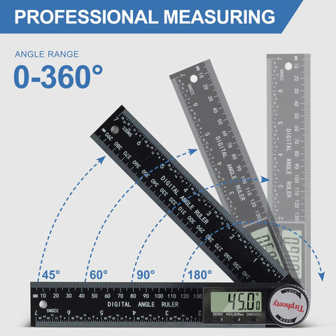 Pro Level Digital Angle Finder Protractor Yielding Dead On 360 Degree Measurements With Bright LCD Screen showing digital angle ruler with angles.