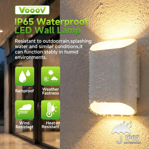 VOOOV 7.9 Inch White LED Wall Sconce Includes 5CCT Dimmable Lighting mounted on a wall, showcasing waterproof features.