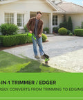 Versatile 40V Cordless String Trimmer And Edger With 13 Inch Cutting Deck in use, trimming grass along a patio edge.