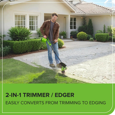 Versatile 40V Cordless String Trimmer And Edger With 13 Inch Cutting Deck in use, trimming grass along a patio edge.