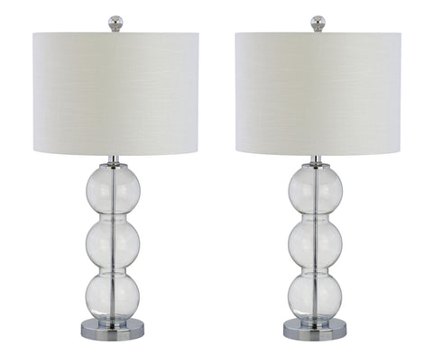 Clear Glass Triple Sphere Table Lamps Set Of Two With Chrome Finish And Super Sleek White Linen Shade For Living Room Bedroom Or Office 27 Inch Tall Bedside Lamps LED Bulbs Included And ETL Listed