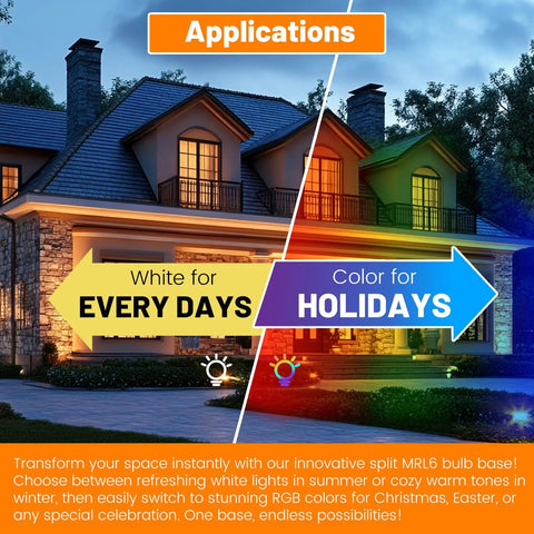House with lit outdoor landscape lighting showcasing dual white and color modes for seasons and holidays