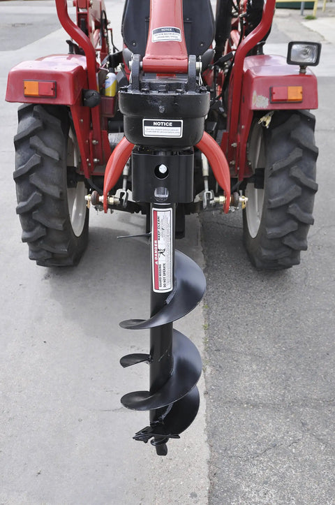 3 Point Post Hole Digger For Tractors With 6 Inch Auger Fits Compact And Sub Compact Cat 0 Tractors attached to red tractor