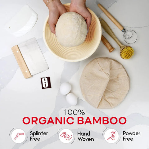 Round 9 Inch Banneton Proofing Basket Starter Kit With Lame Dough Scraper Linen Liner Basting Brush and Dough Ball