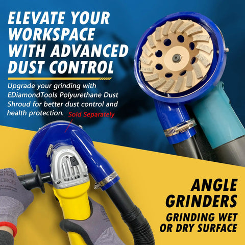 4.5 Inch Turbo Diamond Grinding Wheel For Concrete And Masonry Featuring Killer 30 40 Grit Segments used with angle grinder and dust control shroud.