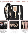 Travel Hair Tools Bag With Heat Resistant Mat 2 In 1 Organizer For Flat Irons Curling Irons And Straighteners 15.5 Inch Long Interior Pockets On The Go Portable Case For Hair Care Accessories Black open to show interior pockets holding hair ties, brush, and curling iron