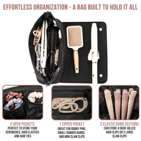 Travel Hair Tools Bag With Heat Resistant Mat 2 In 1 Organizer For Flat Irons Curling Irons And Straighteners 15.5 Inch Long Interior Pockets On The Go Portable Case For Hair Care Accessories Black open to show interior pockets holding hair ties, brush, and curling iron