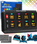 8 Gang RGB Switch Panel With Backlit Off Multifunction Toggle Switch Pod for trucks, RVs, and marine vehicles with labels.