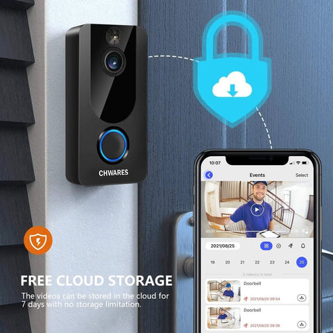Video Doorbell Camera With Chime 1080P HD Wireless WiFi Motion Detection Two Way Audio Night Vision IP65 Waterproof next to smartphone