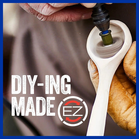 Heavy Duty EZ Lock Sanding And Grinding Rotary Tool Accessories Kit With Eighteen Pieces for detail work on a wooden spoon.