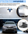 LED Light Bulbs For Garage Door Opener 5000K White 9W E26 Base shown installed in garage, illuminating car.