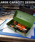Green Built Tough 15 Inch Metal Tool Box With Locking Lid And Carry Handle Portable Tool Storage Case open showing tools inside