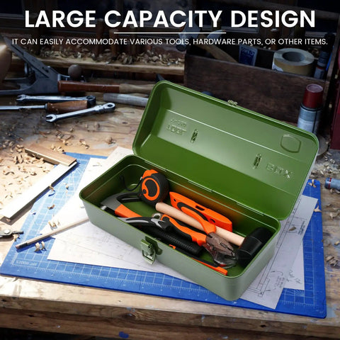 Green Built Tough 15 Inch Metal Tool Box With Locking Lid And Carry Handle Portable Tool Storage Case open showing tools inside