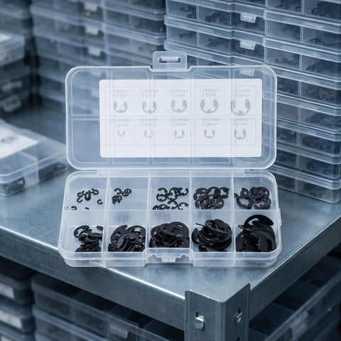Dope E Clips Assortment Set External Retaining Rings M1.5 To 10mm 240 Piece Kit For Hardware Shafts And Fasteners Built To Last With Corrosion Resistant Beryllium Bronze And Precise Fit Circlips in a clear organizer box