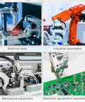 Different machinery used in industrial automation and electronic manufacturing settings, showcasing machine tools and robotic arms.