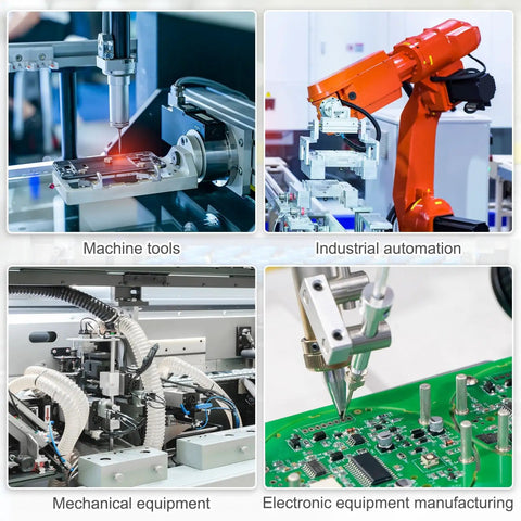Different machinery used in industrial automation and electronic manufacturing settings, showcasing machine tools and robotic arms.