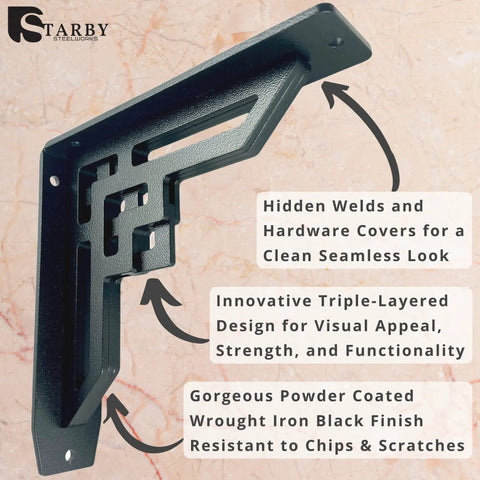 Heavy Duty Shelf Brackets 2 Pack, Tough As Nails Designer Metal Corbels, 12 X 12 X 2 Inches, Black Wrought Iron Finish on marble