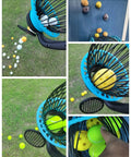 Ergonomic Tennis Ball Hopper And Picker Upper With Adjustable Height from 28 To 52 Inches in use on grass collecting balls.