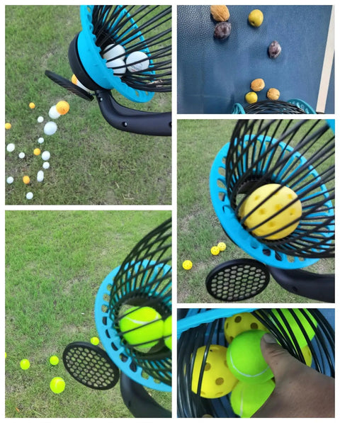 Ergonomic Tennis Ball Hopper And Picker Upper With Adjustable Height from 28 To 52 Inches in use on grass collecting balls.