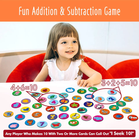 Child playing with Math Games Round Cards For Kids Add Subtract Fun And Easy 120 Math Facts Cards showcasing addition.