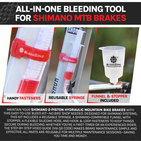 Shimano Hydraulic Brake Bleed Kit with reusable funnel, silicone hose, and syringe stopper for mountain MTB and gravel bikes maintenance.