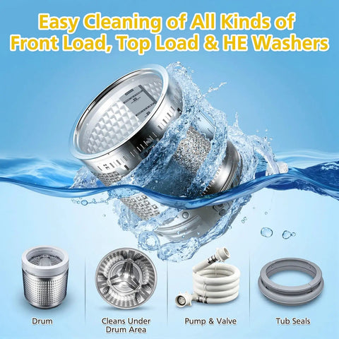 Skip The Hassle Washing Machine Cleaner Tablets For He Front And Top Load Washers Kicks Out Stink Instantly, showing drum and washing parts in water.